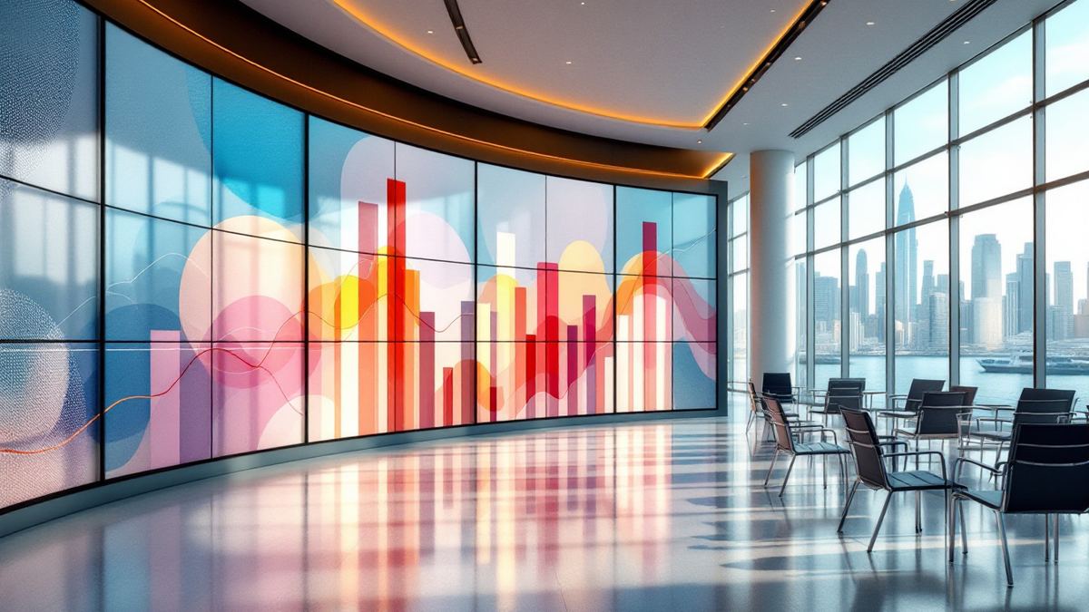 Singapore conference hall with a big abstract data wall, Marina Bay outside