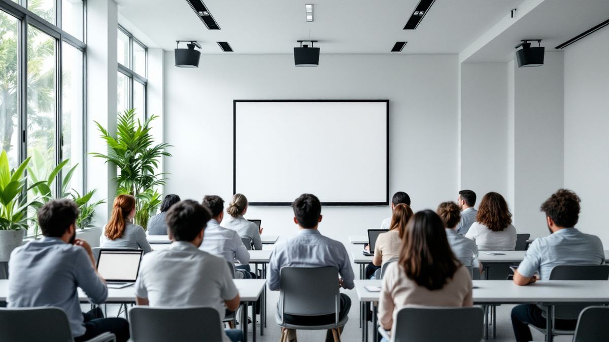 Adult learners at laptops in a bright Singapore training room facing the front