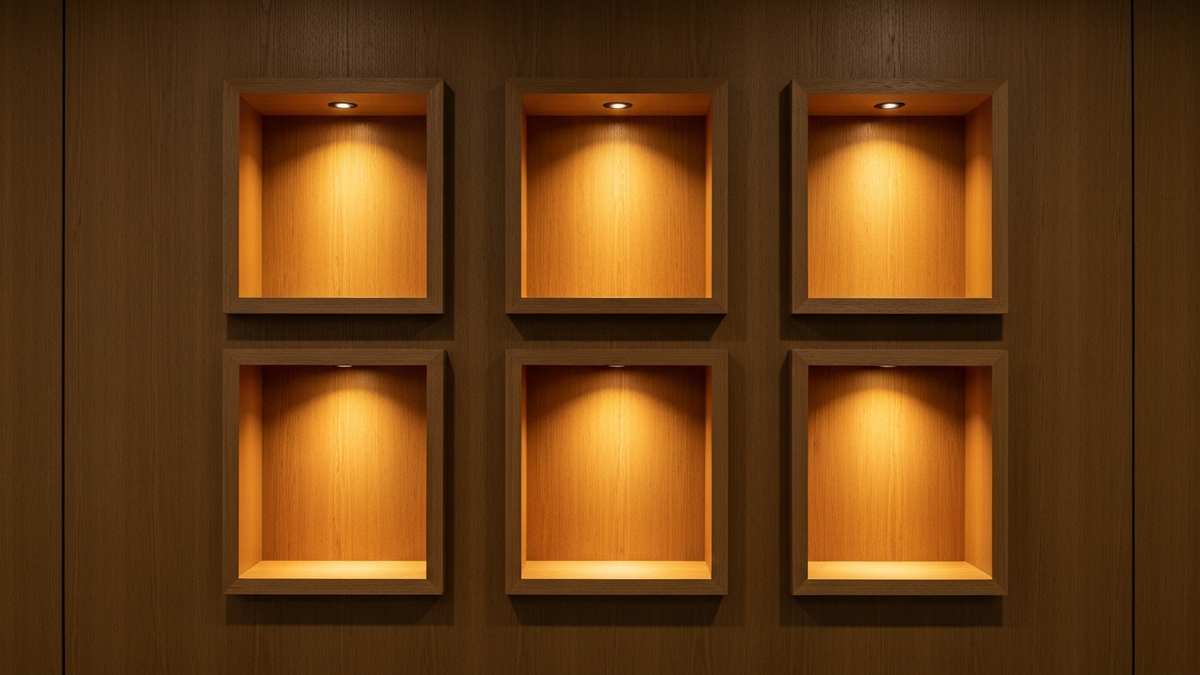 A row of six warmly lit wall niches, evoking the six core sections of a resume.
