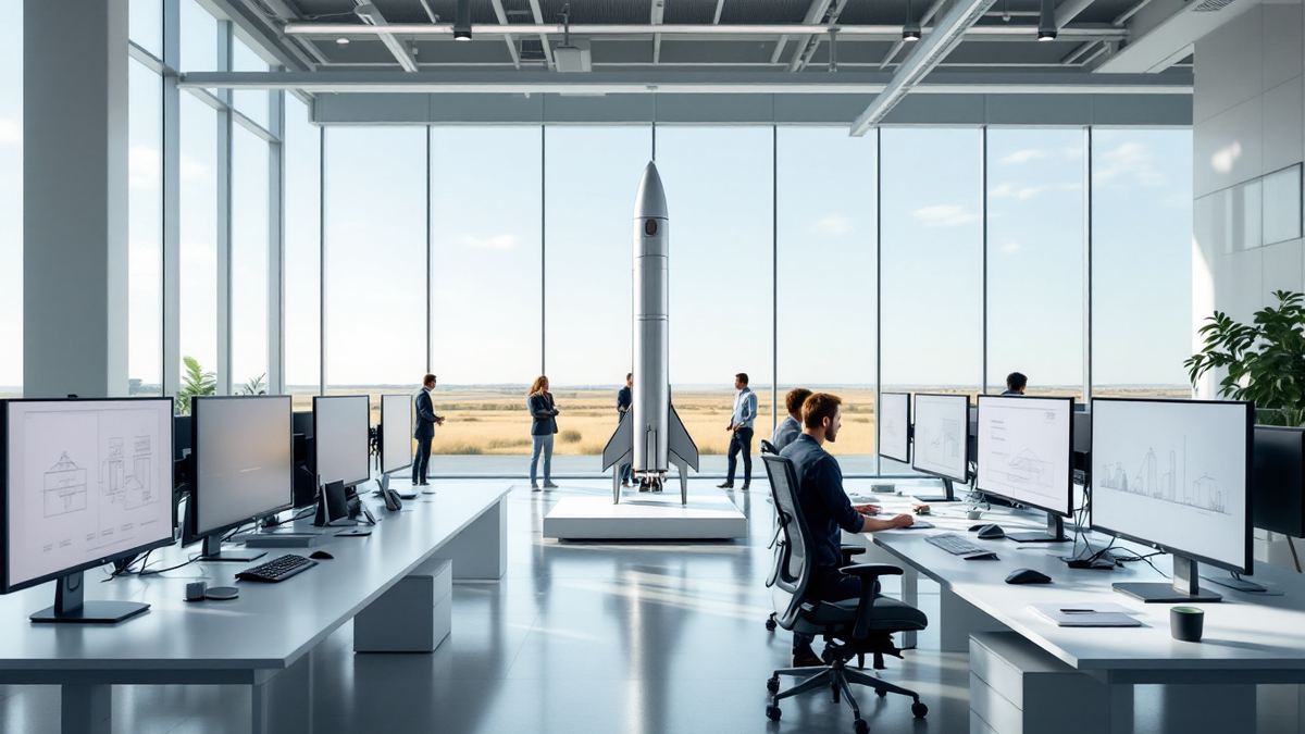 A bright aerospace engineering office with a rocket model in the centre and engineers working across the room