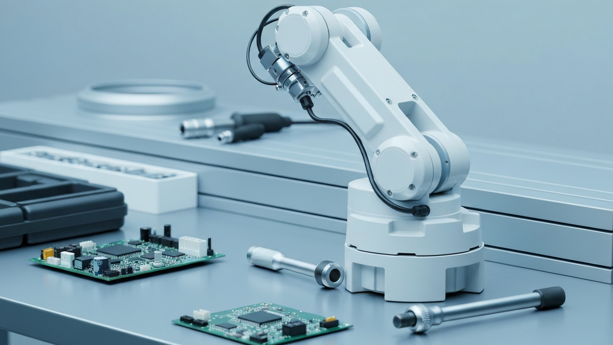 White industrial robot arm and technician tools on a steel workbench
