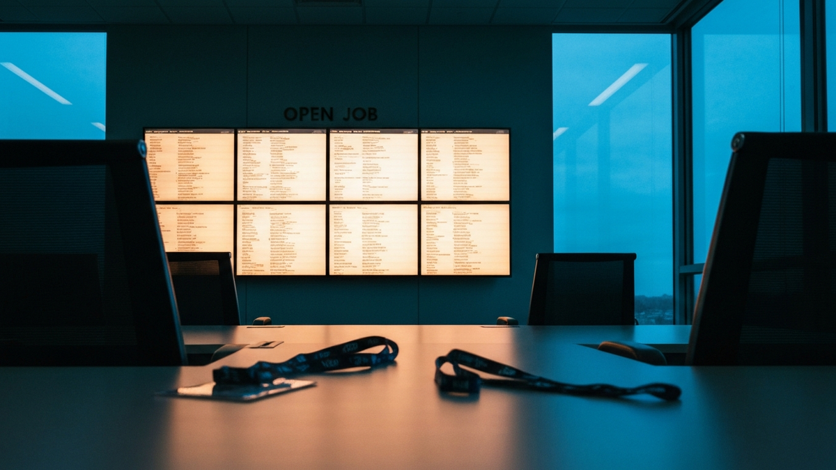 Empty corporate hiring floor after hours with a glowing wall monitor of open job listings and abandoned visitor lanyards