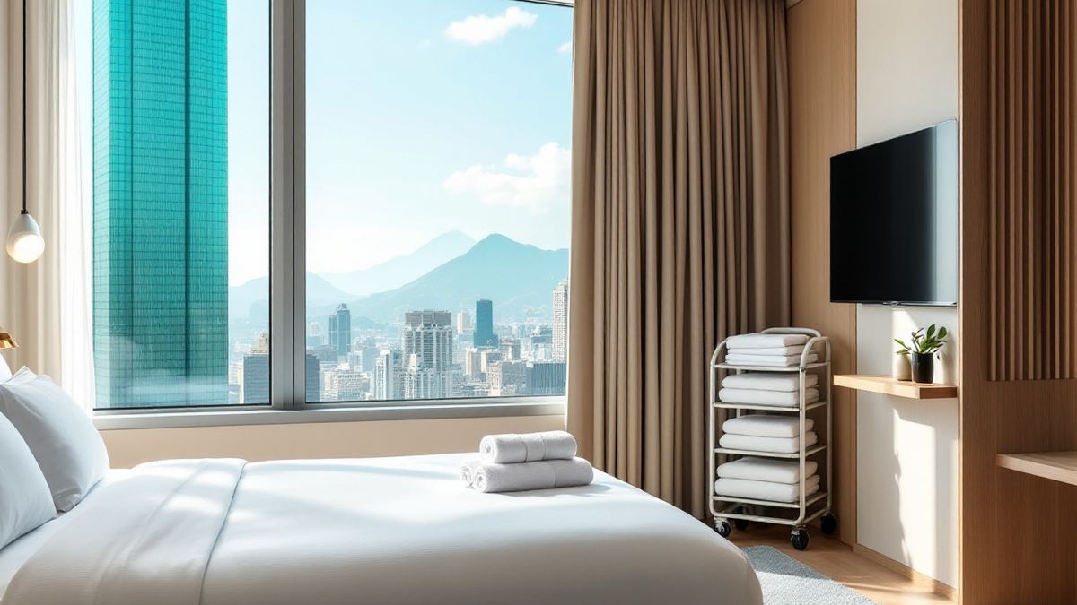 A freshly made hotel room in Taipei with folded towels and a housekeeping trolley by the window