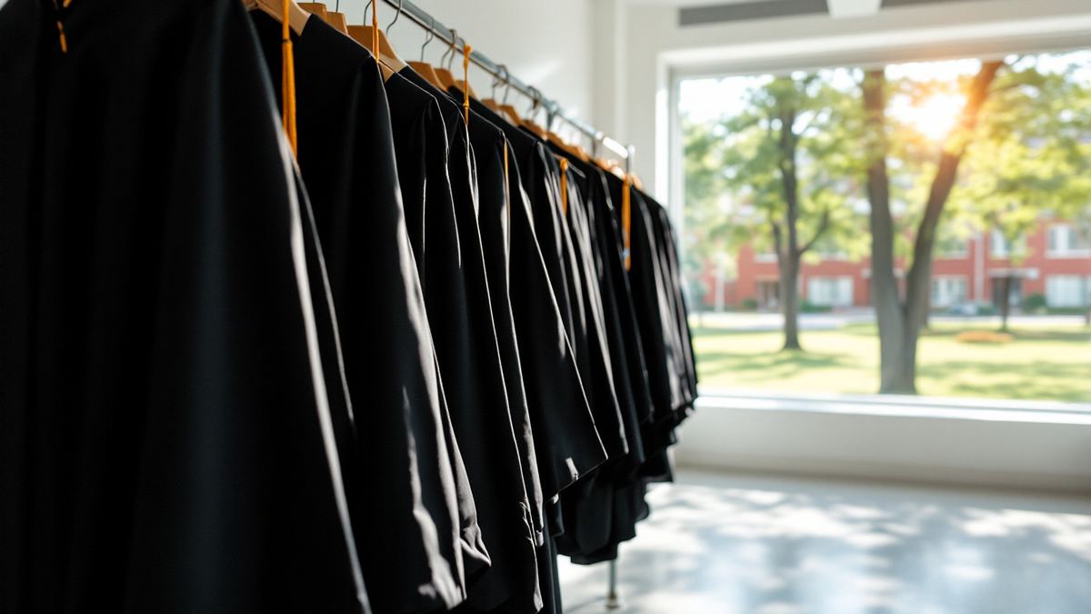 A rack of black graduation gowns in a sunlit university hallway with a red-brick campus outside