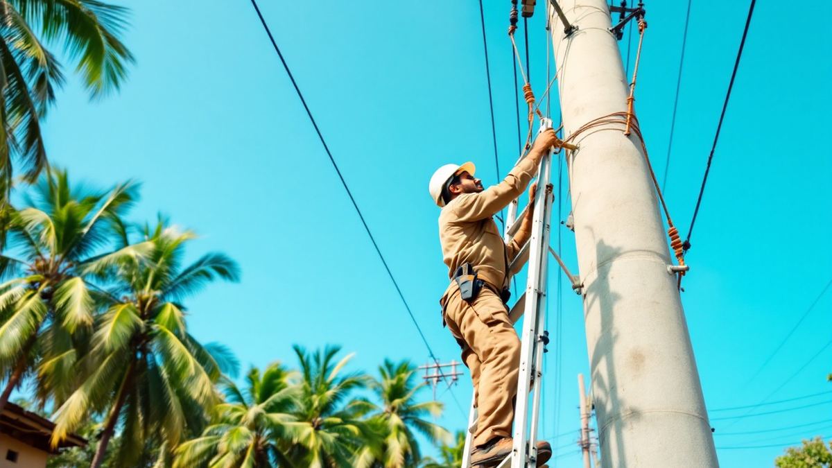 Power field assistant on a pole fixing lines, Tamil Nadu palms