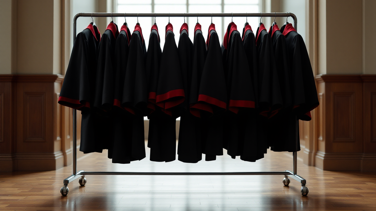 A rolling rail hung with black academic gowns in a panelled university hall