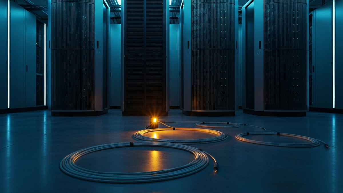 Dim AI server room with idle cables suggesting paused operations