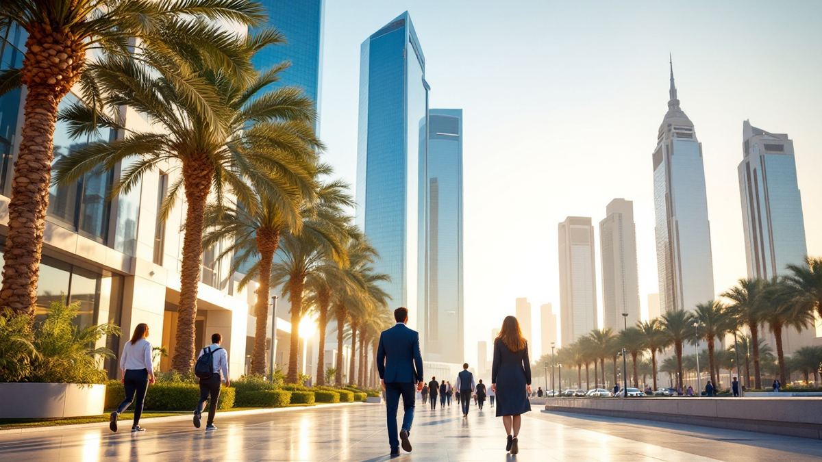 Office workers walking toward glass towers in a sunny Gulf business district