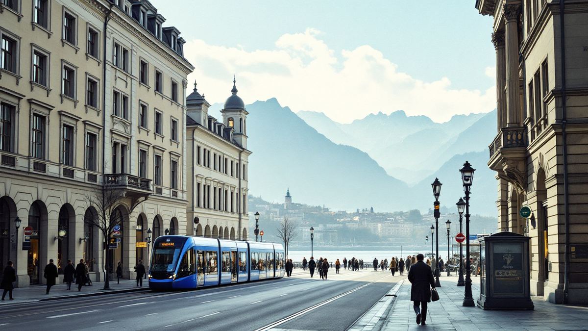 A Zurich banking street by the lake with a tram and a few distant commuters