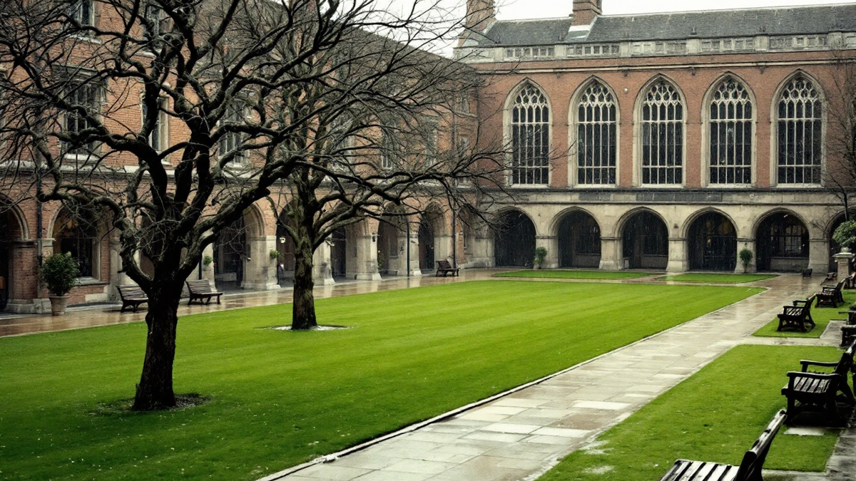 A deserted red-brick university quadrangle with stone cloister arches on an overcast morning
