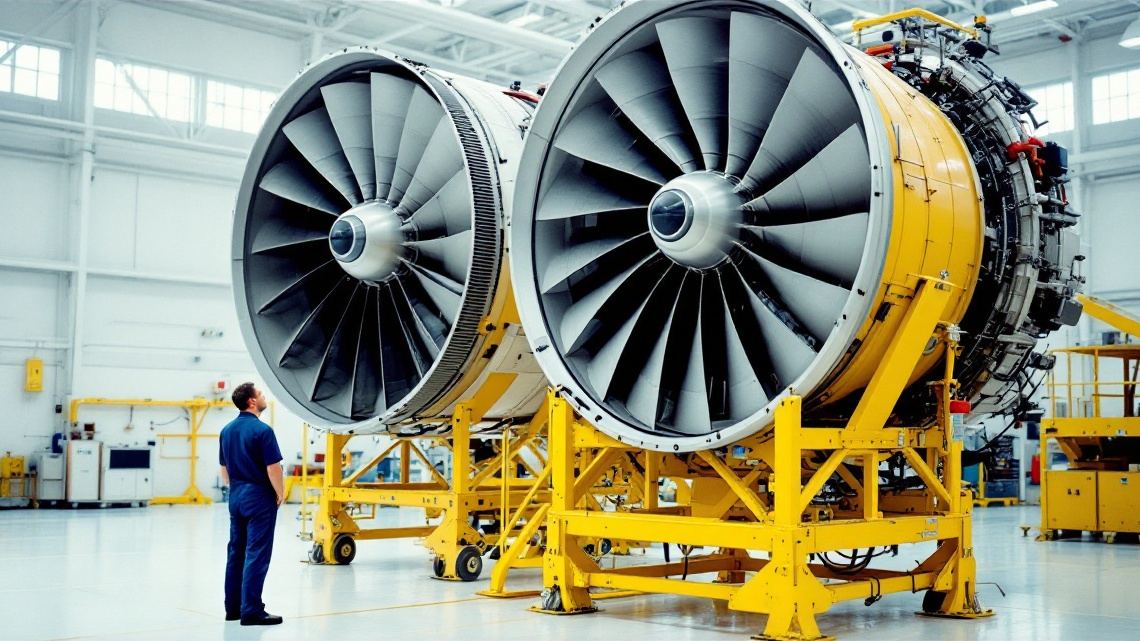 Huge turbofan on a stand, an engineer beside it for scale