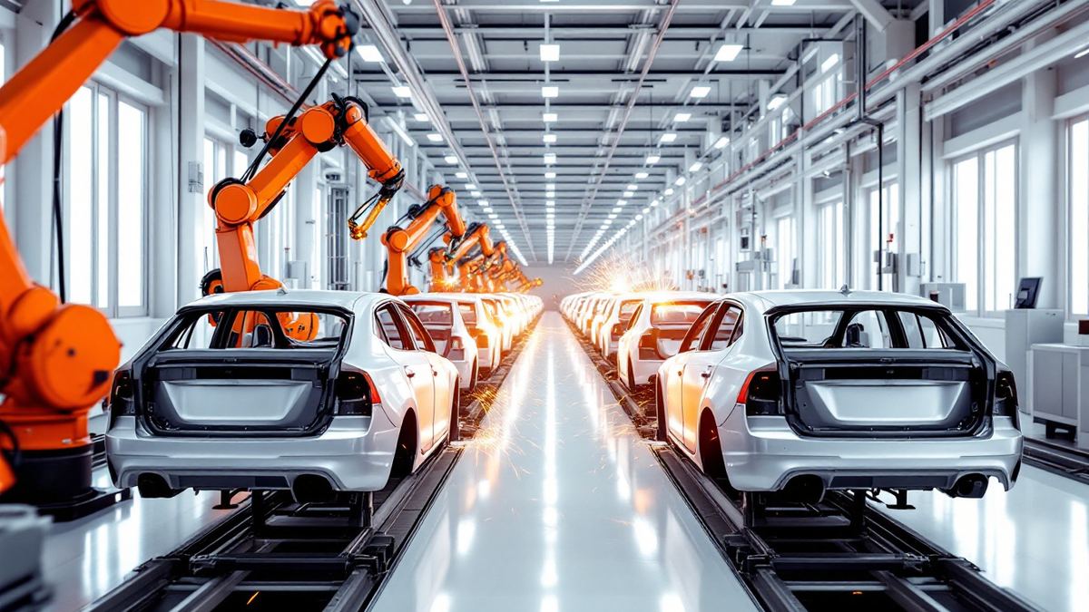 Car bodies moving along an assembly line with orange welding robots