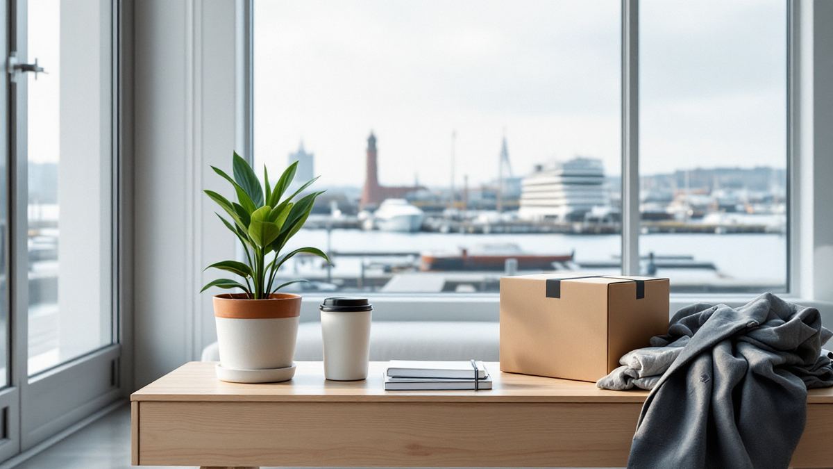 A box of office belongings, a plant and a coffee cup on a wooden bench in a bright lobby overlooking a harbour