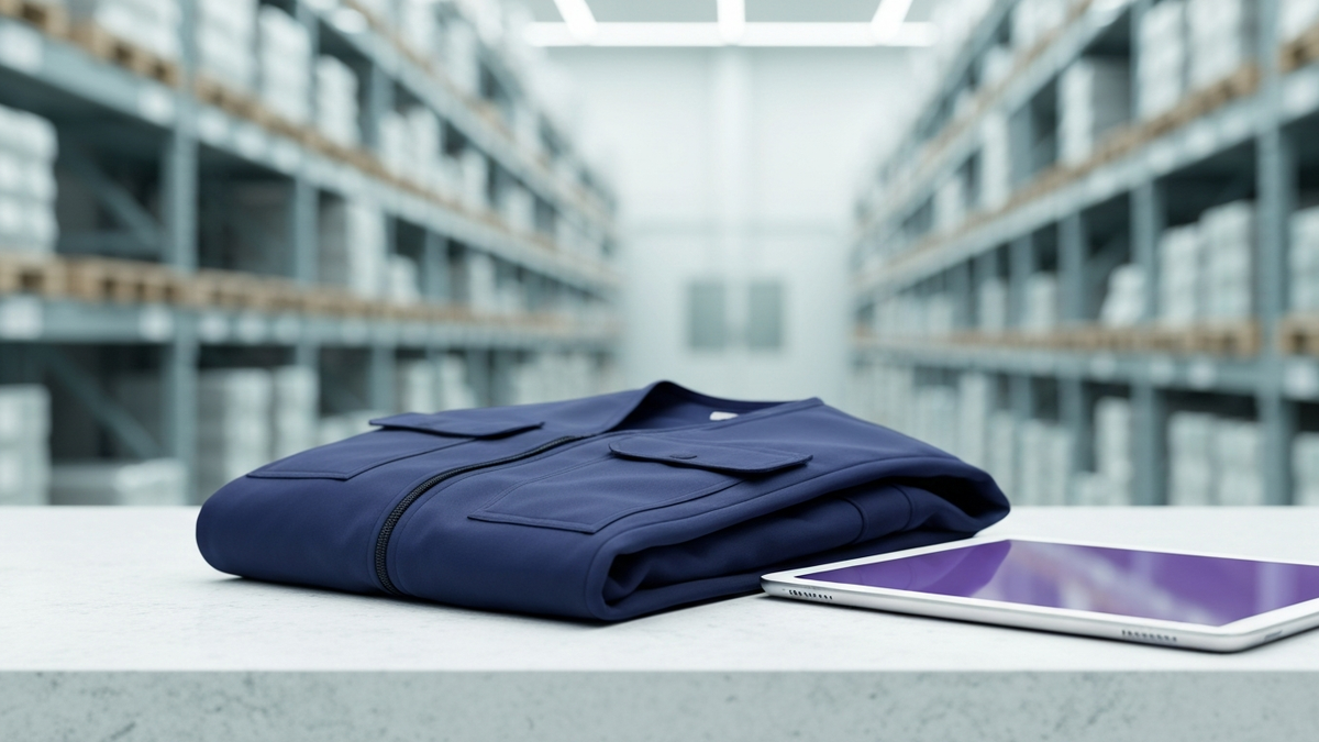 Folded blue retail work vest beside a glowing tablet, Walmart AI reshaping frontline work