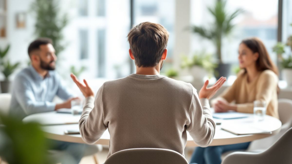 A job candidate seen from behind asking a question across a table to two interviewers