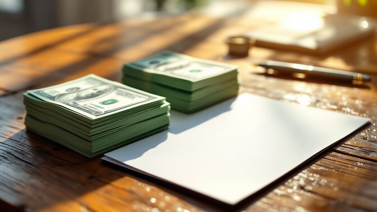 Two stacks of US dollar bills beside a blank offer letter and a pen on a wooden table