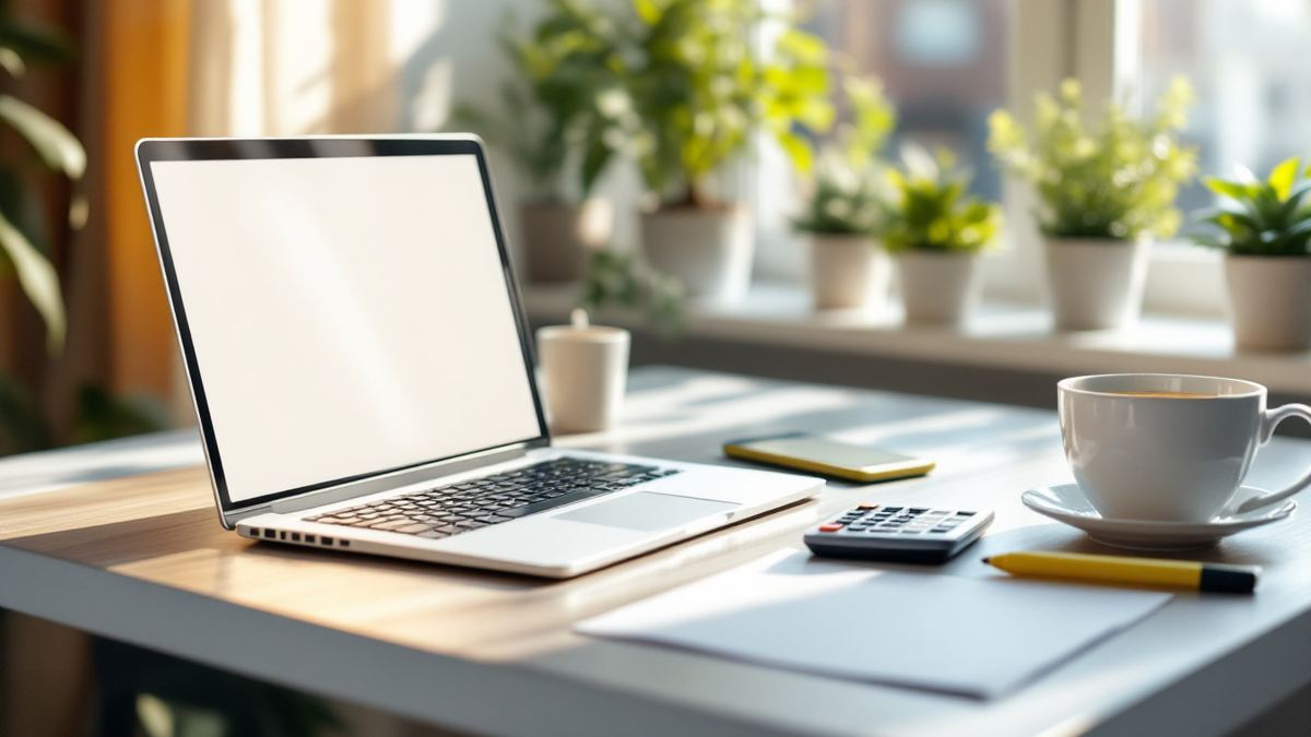 A sunny home desk with a laptop, calculator, highlighter and paper, set for checking pay records