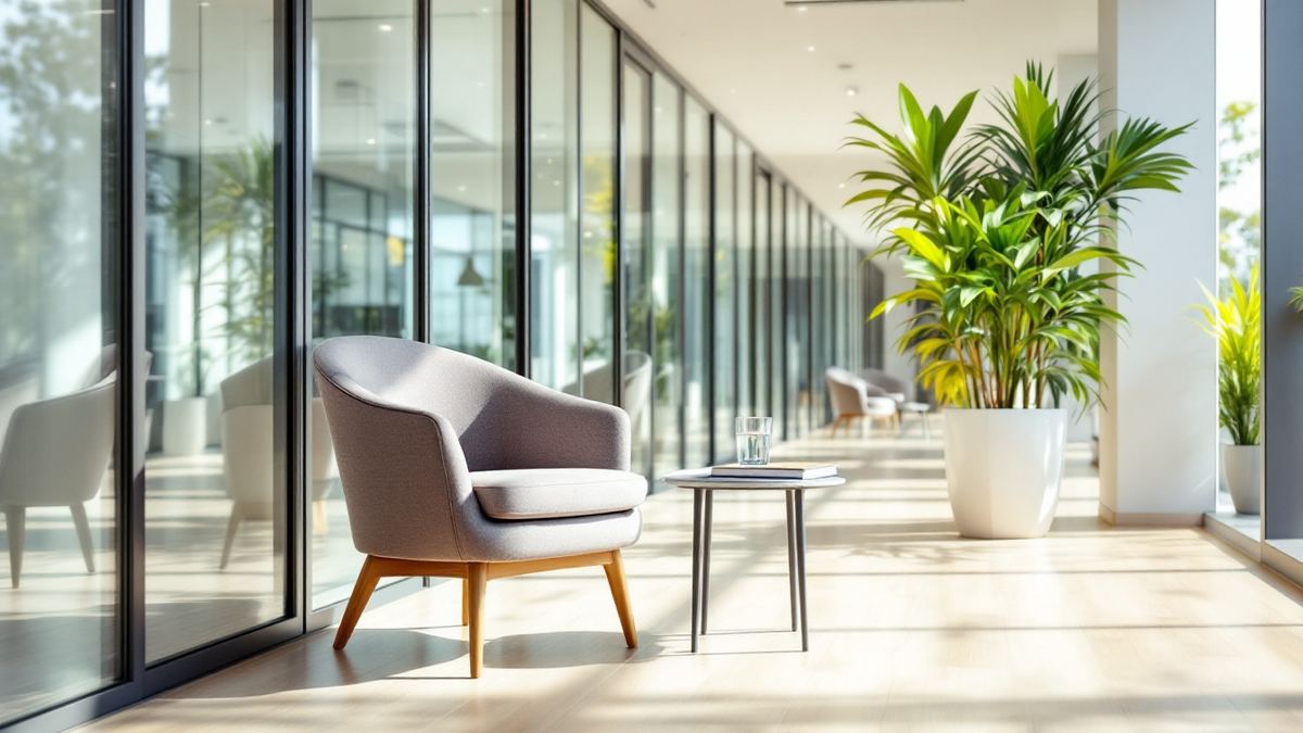 A single armchair, a glass of water and a folder in a sunny waiting area outside glass interview rooms