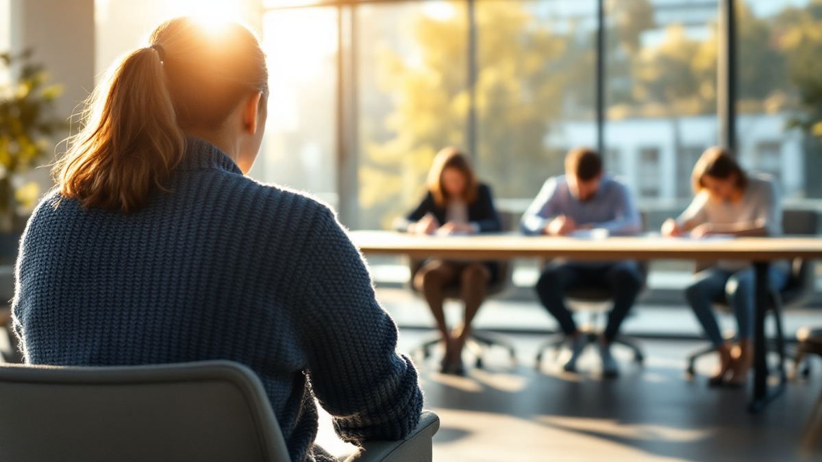 A candidate in a casual sweater seen from behind facing a final-round interview panel in a bright conference room