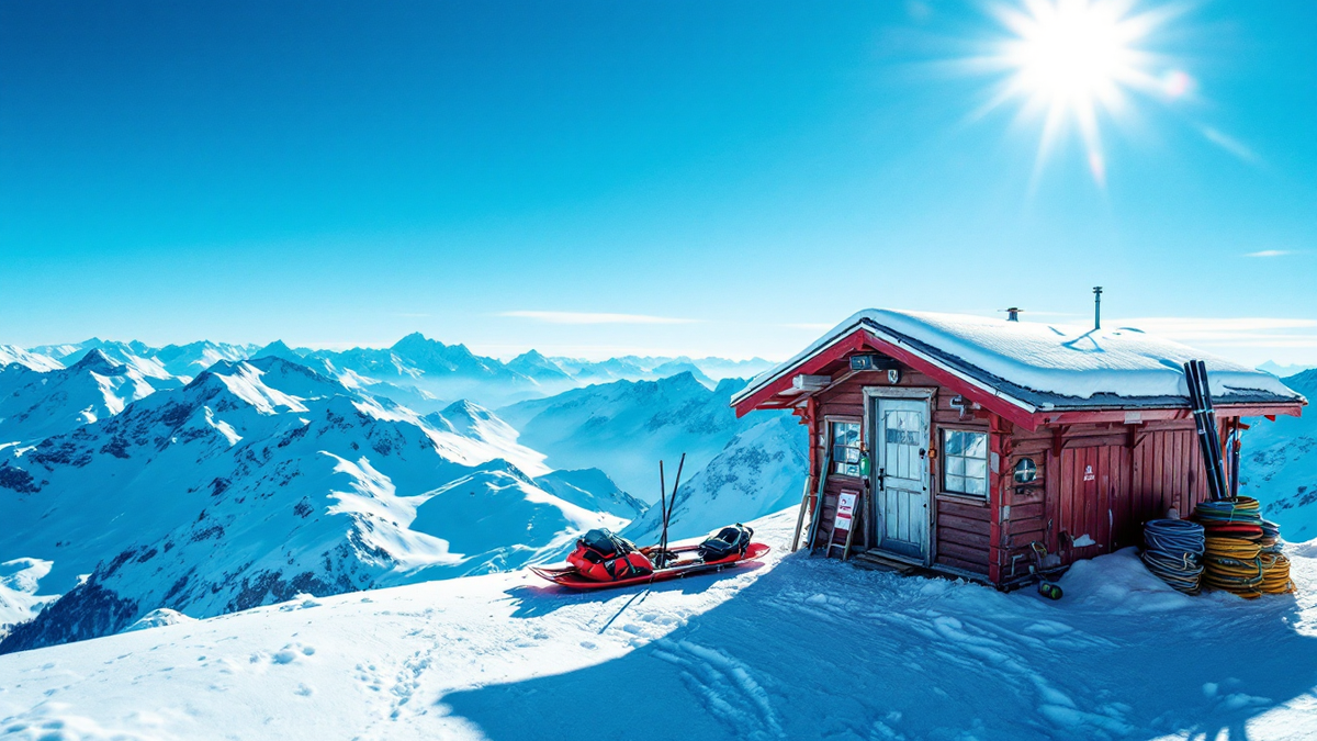 Ski patrol hut on a snowy ridge with a rescue sled propped against the timber wall