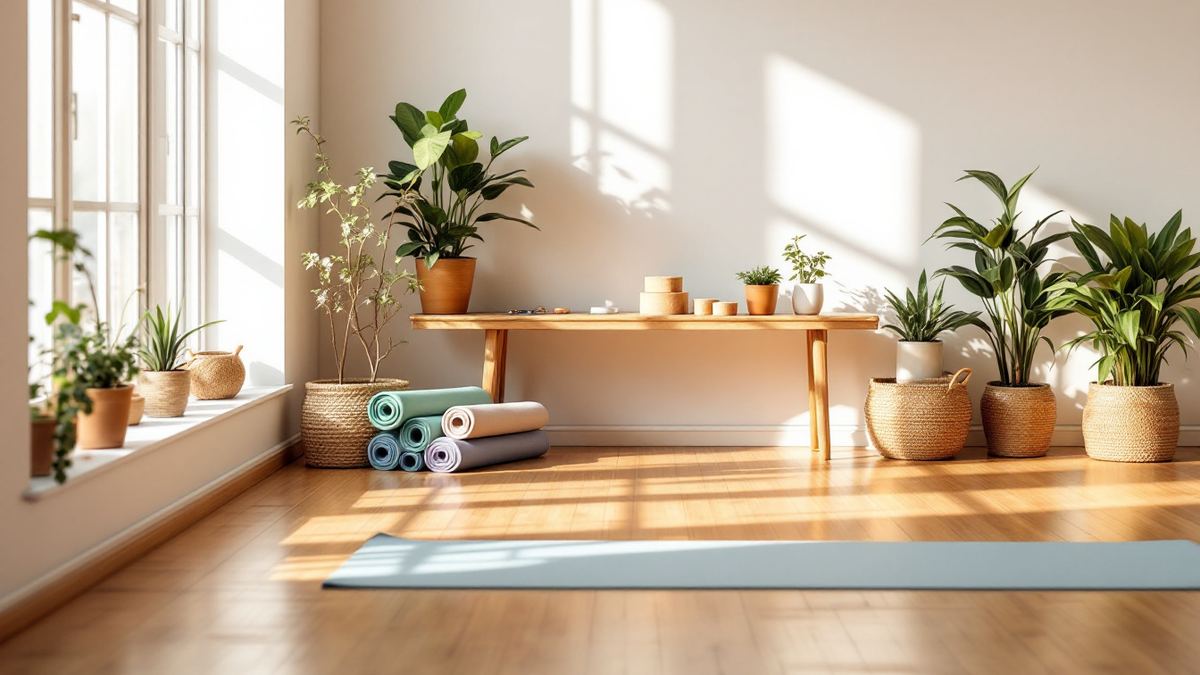 A bright boutique yoga studio with rolled mats, cork blocks and plants