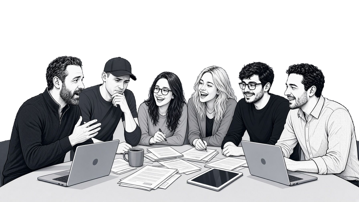 Illustration of the six-person Metaintro team laughing and working together around a table