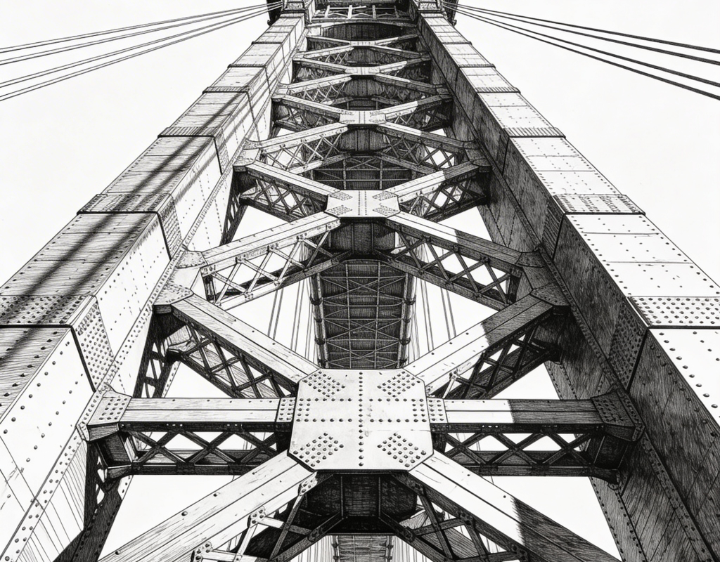 Suspension bridge tower against the sky