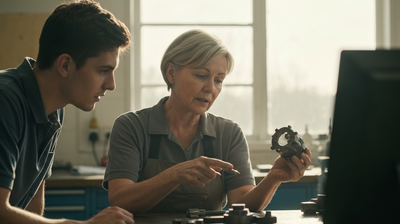 A senior technician at a workshop bench showing a younger colleague a detail on a part.