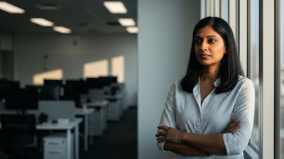 An analyst standing at an office window, pausing to think in late afternoon light.