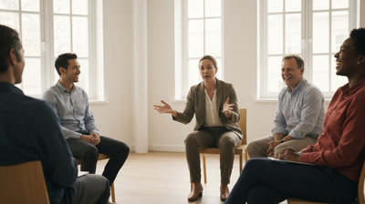 Colleagues seated in a circle during a small workplace training session.