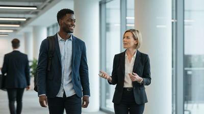 A candidate and a hiring manager walking and talking through a bright workplace.