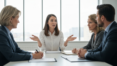A candidate explaining her reasoning to two interviewers across a table.