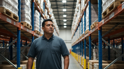 A logistician pausing in a warehouse aisle to think before acting.