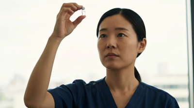 A research technician holding a sample vial up to the light and studying it.