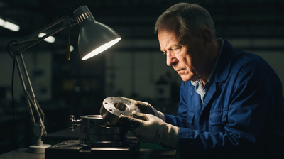 A quality inspector examining a machined component under a task lamp.