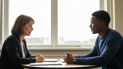 A careers adviser in conversation with a young jobseeker at a small table.