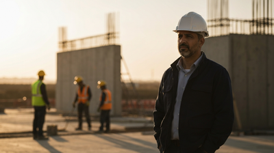 A site foreman pausing to think while his crew works behind him at golden hour.