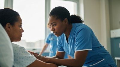 A nurse at a patient's bedside on a sunlit ward, watching the patient closely.