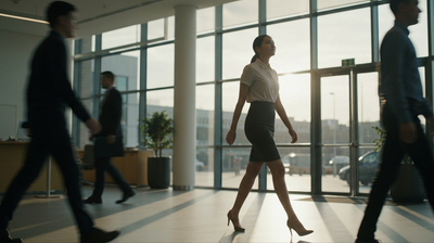 A woman walking into a bright office lobby on her first morning in a new role.