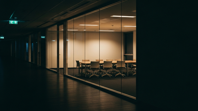 A lit but empty meeting room seen through glass from a darkened office corridor at night