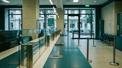 The counter and empty waiting chairs of a bank branch after closing