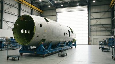 A part-assembled aircraft fuselage section resting on a blue steel jig in an empty assembly hall