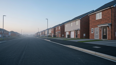 A street of newly built suburban houses at first light with empty driveways