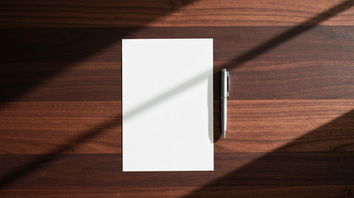 A single blank sheet of paper and a pen on a bare walnut meeting table, seen from above
