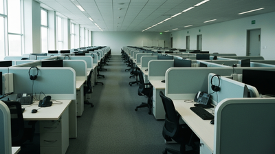 Rows of empty contact centre workstations with headsets resting on each desk