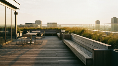 An unused office roof terrace with empty seating at golden hour