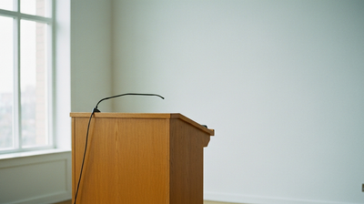 A plain timber lectern with a switched-off clip microphone in an empty room