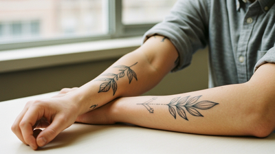 A pair of forearms with fine-line botanical tattoos resting on a desk, cropped below the face