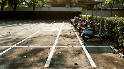 A half emptied staff scooter park at an Indian office campus, vacant bays dominating the frame