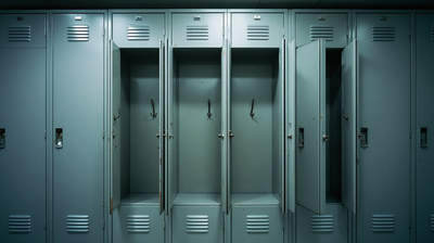 A run of staff lockers with several doors standing open on empty compartments